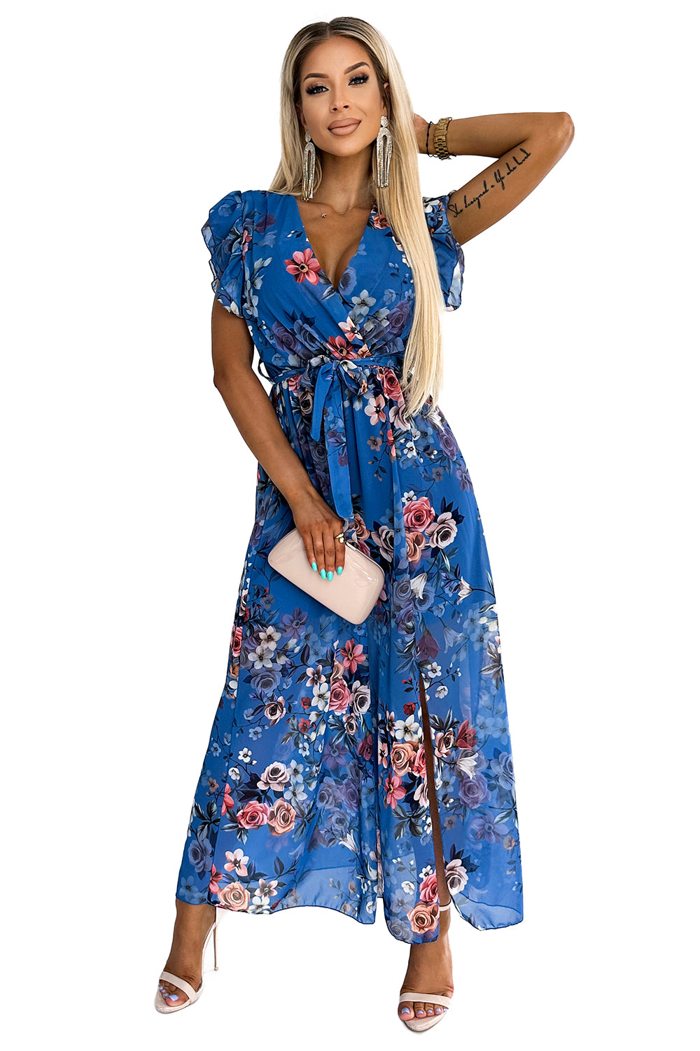 473-1 ARIA Langes Kleid mit Ausschnitt und kurzen Ärmeln - blau mit Blumen