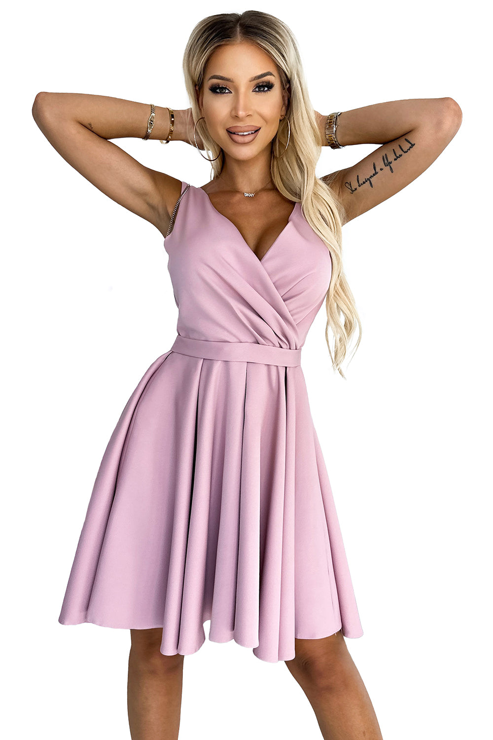 478-2 MAYA Kleid mit längerem Rücken, Ausschnitt und Gürtel - schmutziges Rosa