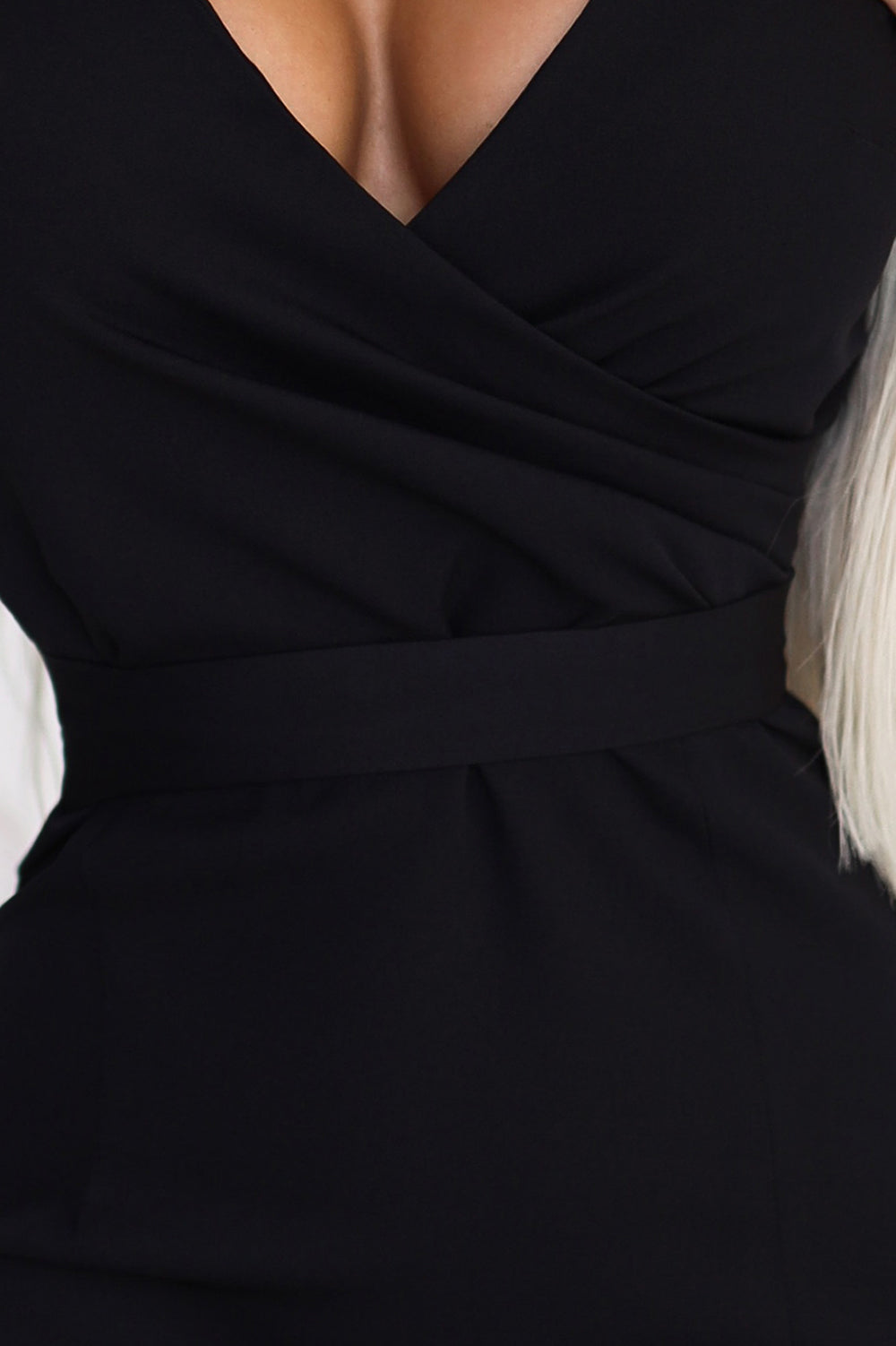 479-9 NINA elegantes Kleid mit Umschlagausschnitt, Ärmeln und Gürtel – schwarz