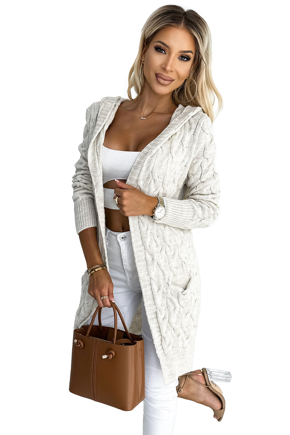 491-1 Strickjacke – Umhang mit Kapuze und Taschen – beige Borte