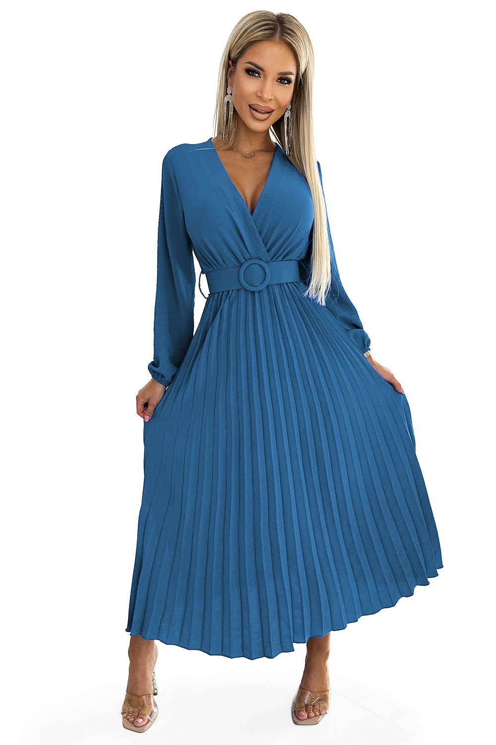 504-5 VIVIANA Plissee-Midikleid mit Ausschnitt, langen Ärmeln und breitem Gürtel – JEANS