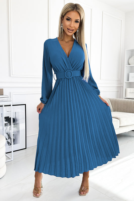 504-5 VIVIANA Plissee-Midikleid mit Ausschnitt, langen Ärmeln und breitem Gürtel – JEANS