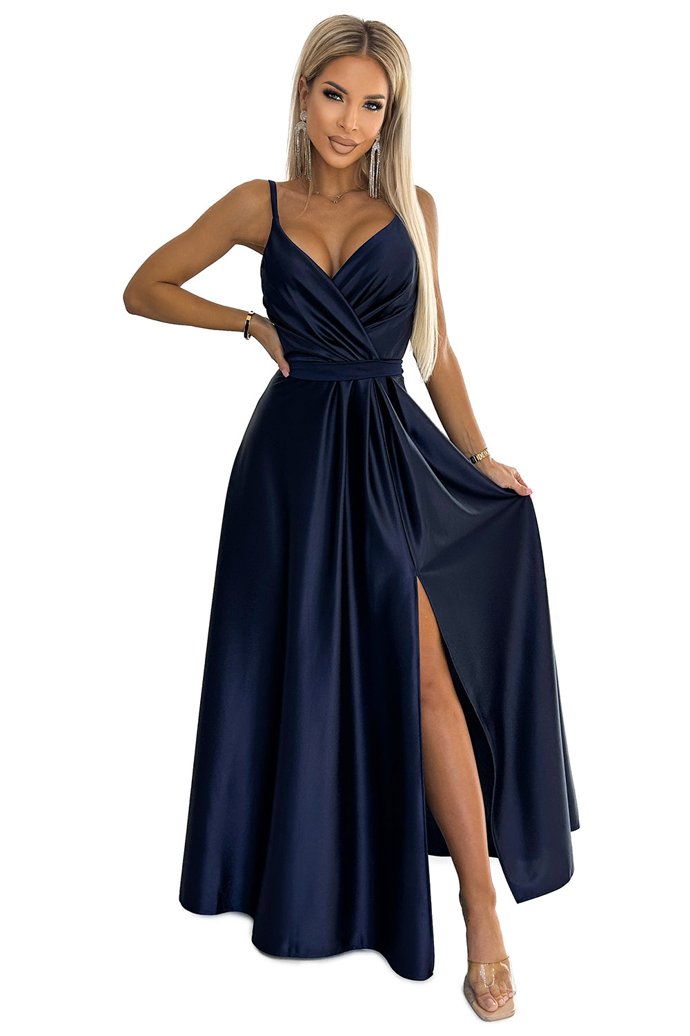 512-2 JULIET elegantes langes Satinkleid mit Ausschnitt - Marineblau