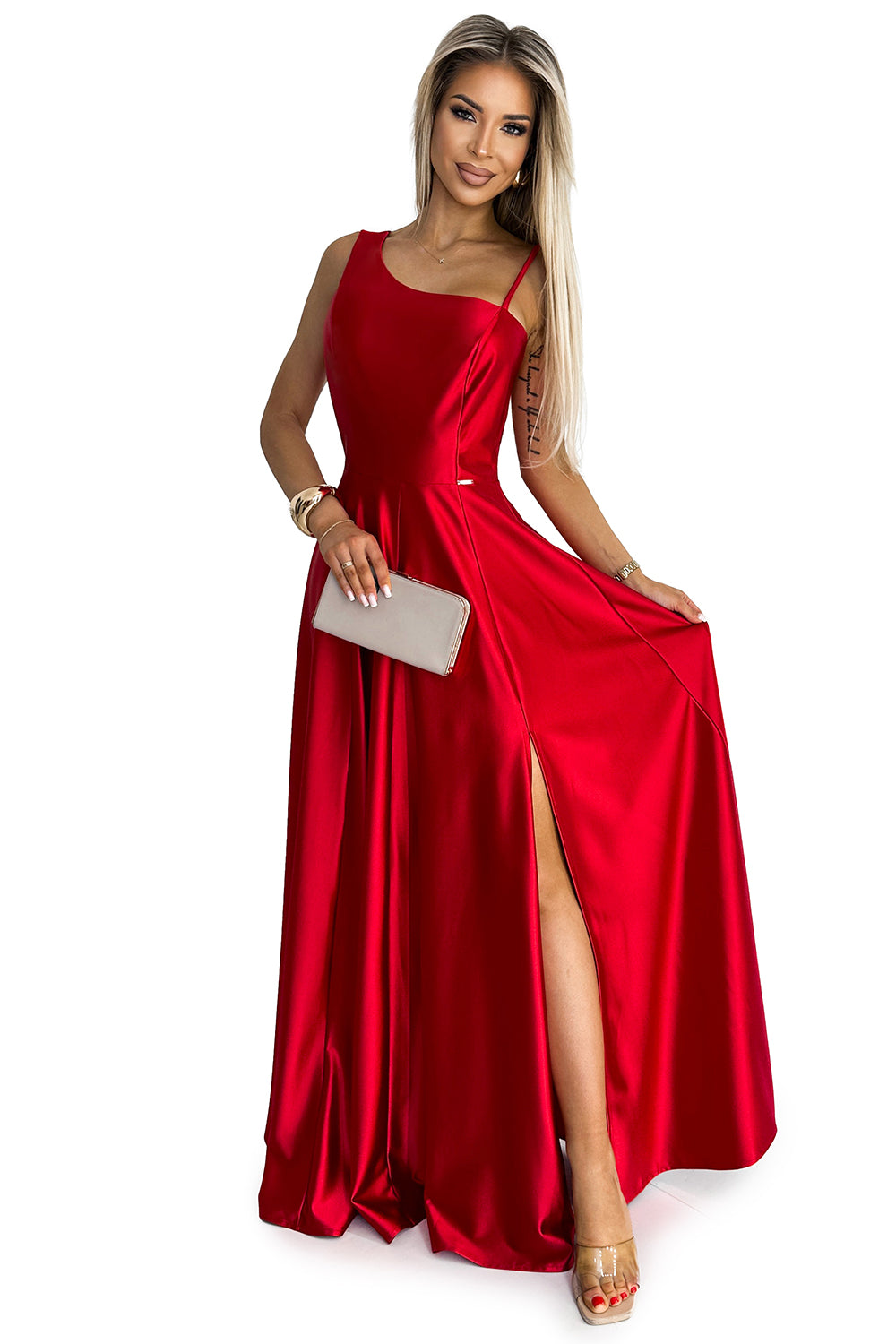 524-1 Langes, elegantes One-Shoulder-Kleid aus Satin - rot