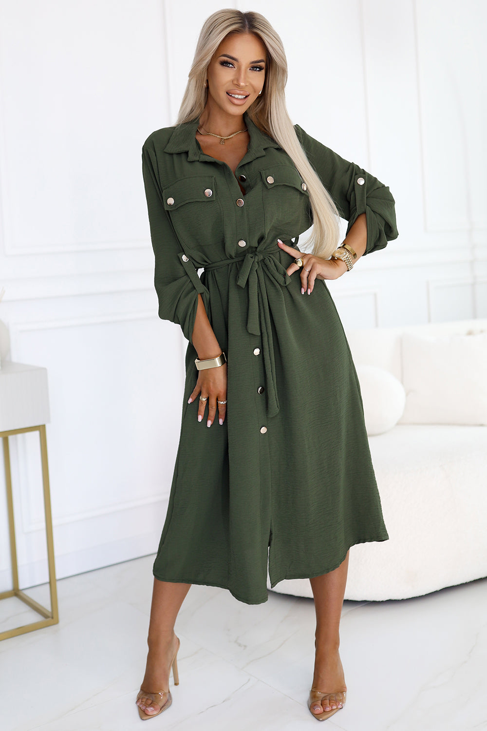 531-5 Midi-Hemdkleid mit goldenen Knöpfen und Krawatte - KHAKI