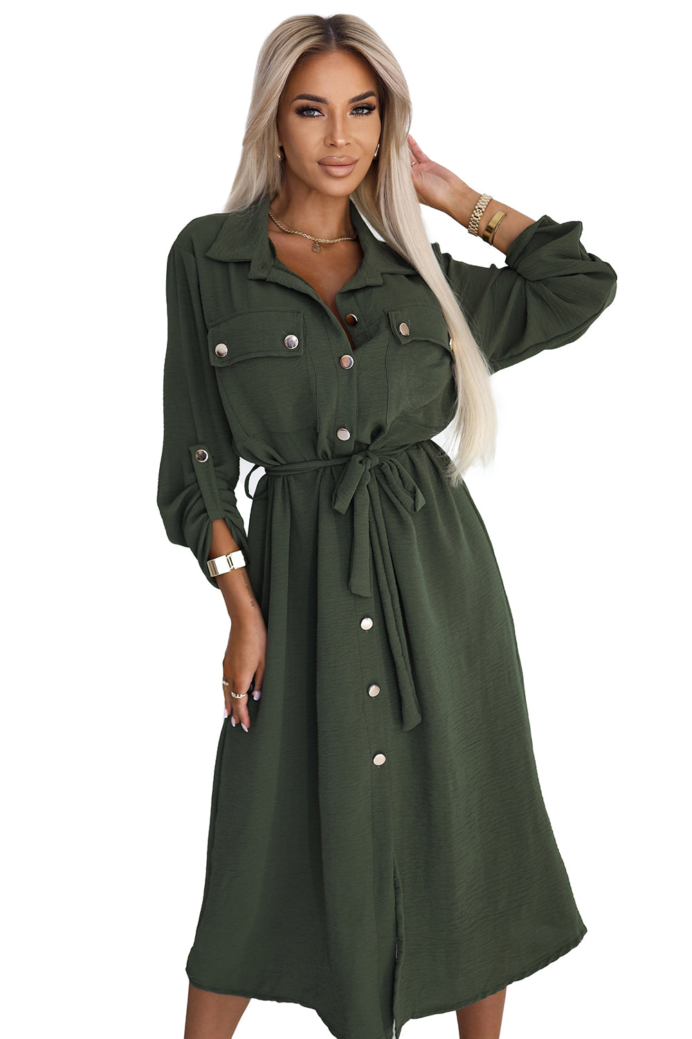 531-5 Midi-Hemdkleid mit goldenen Knöpfen und Krawatte - KHAKI