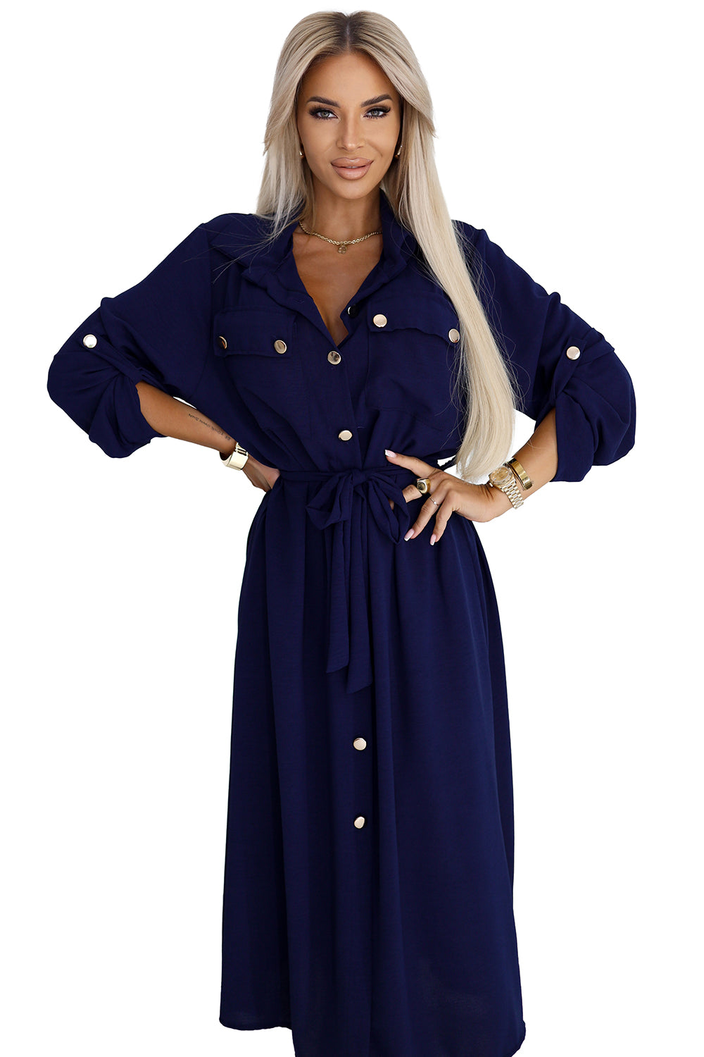 531-6 Midi-Hemdkleid mit goldenen Knöpfen und Krawatte - Marineblau