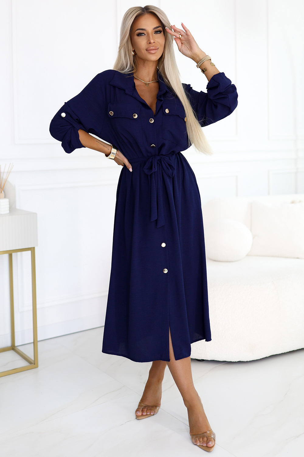 531-6 Midi-Hemdkleid mit goldenen Knöpfen und Krawatte - Marineblau