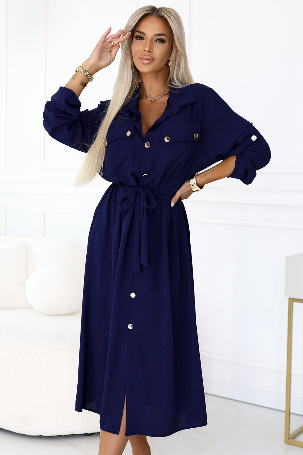 531-6 Midi-Hemdkleid mit goldenen Knöpfen und Krawatte - Marineblau