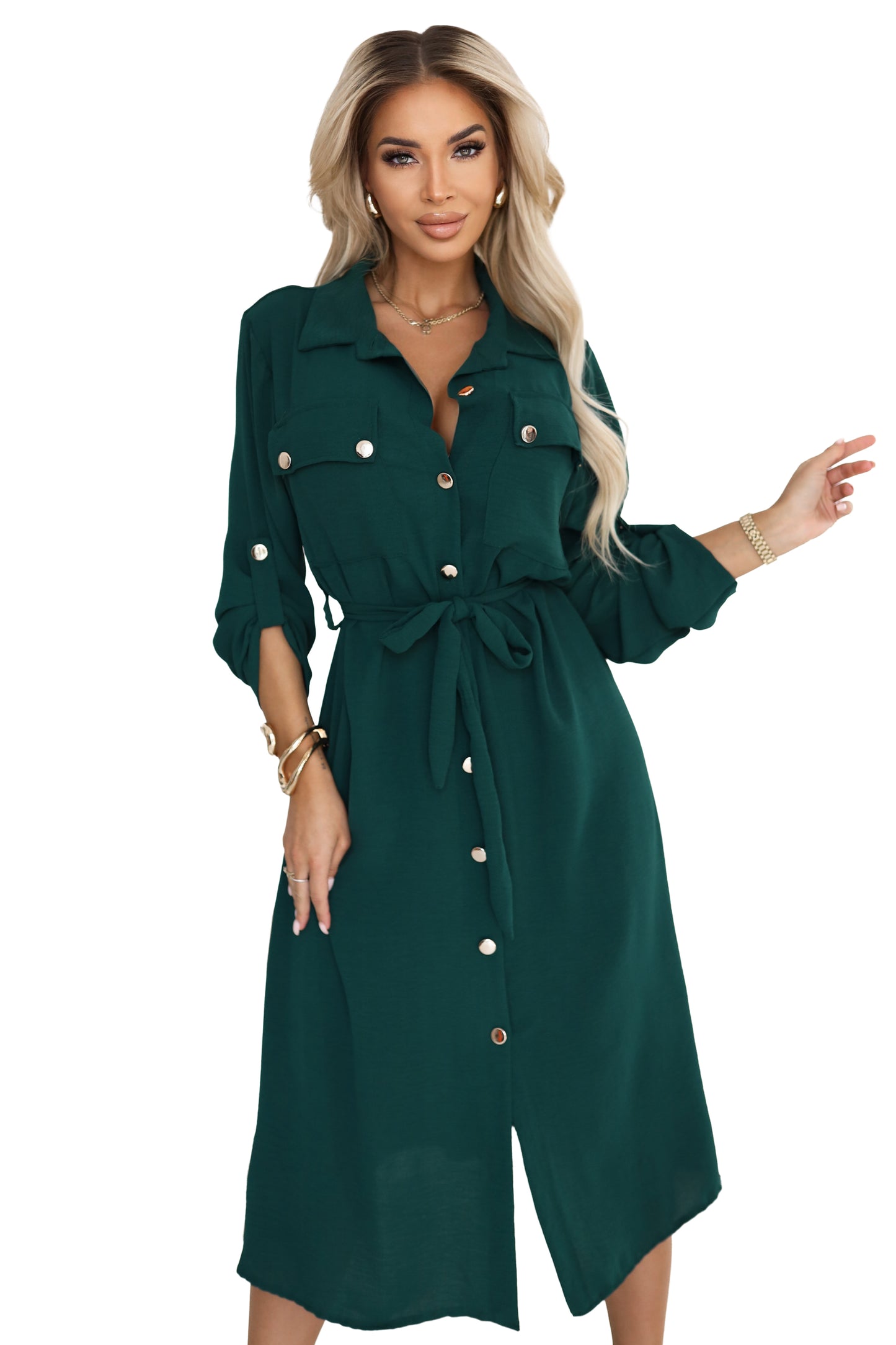 531-7 Midi-Hemdblusenkleid mit goldenen Knöpfen und Krawattendetail - Grün