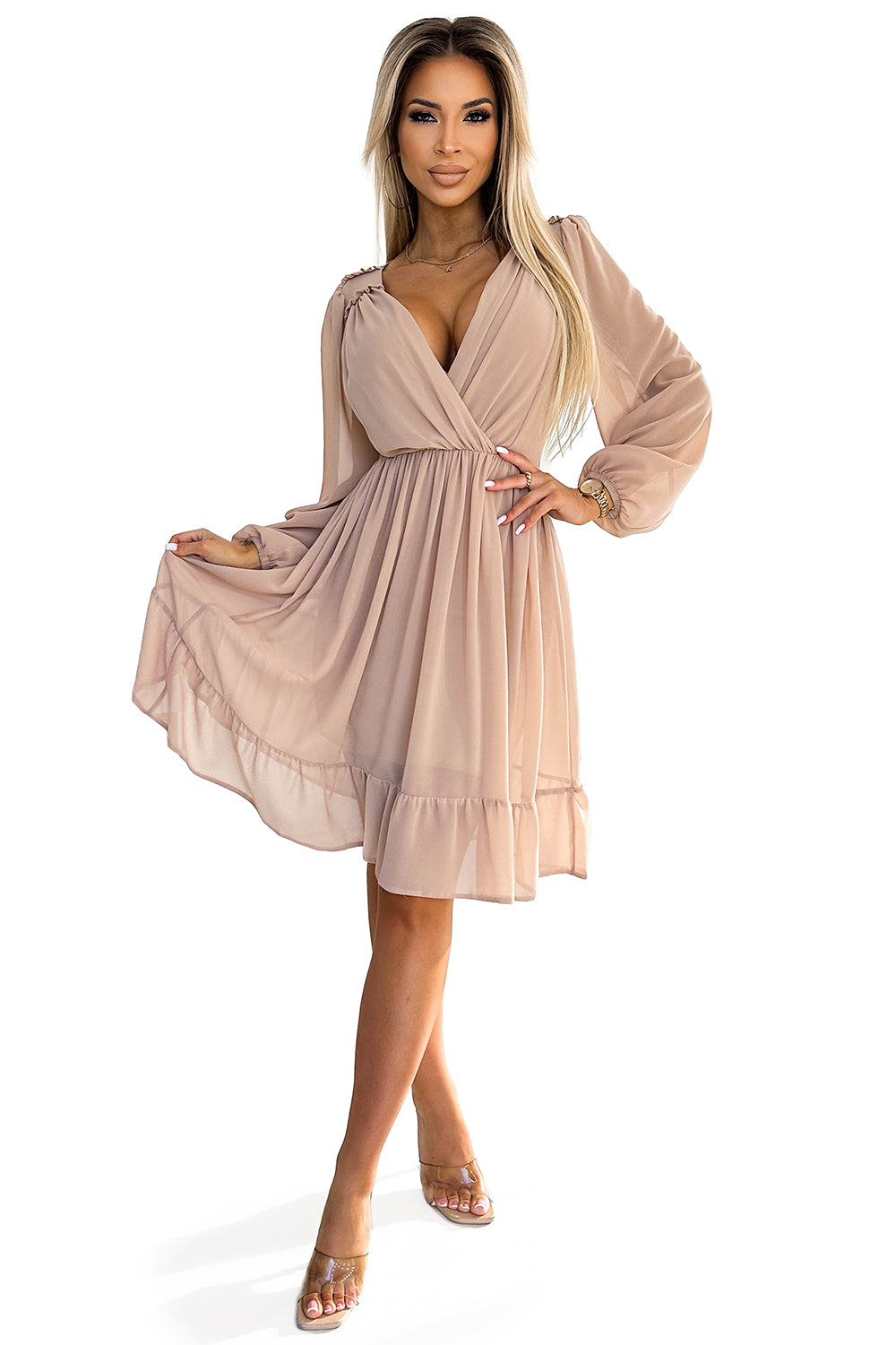538-1 MILA Chiffon-Midikleid mit langen Ärmeln und Ausschnitt – beige Farbe