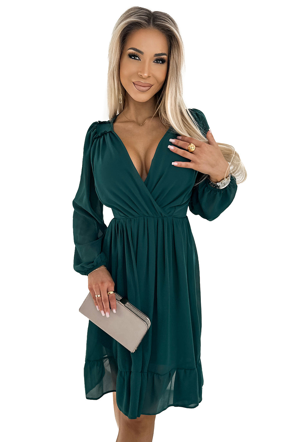538-2 MILA Chiffon-Midikleid mit langen Ärmeln und Ausschnitt – grün