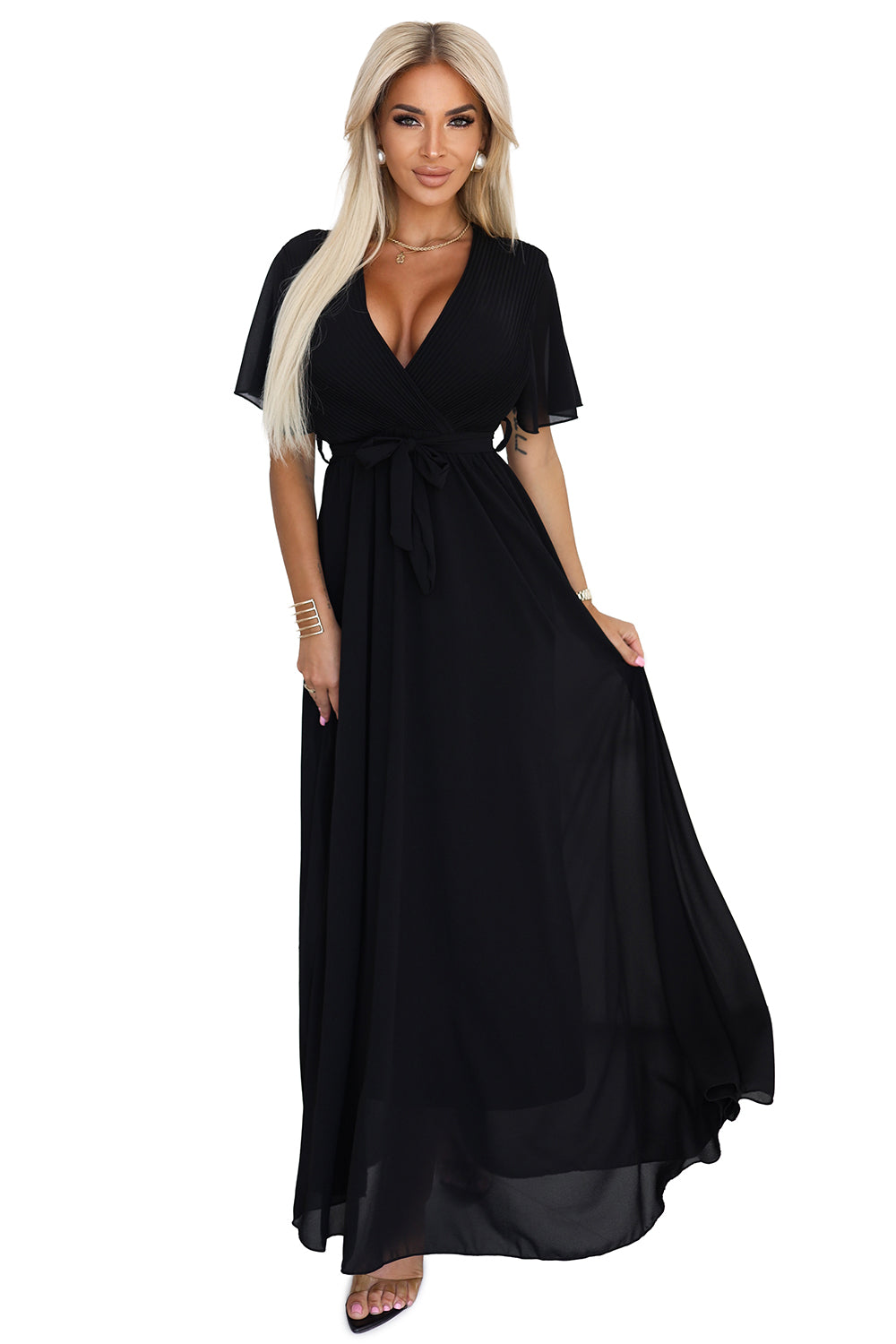 545-5 Langes Kleid mit plissiertem Ausschnitt und Schleife - schwarz