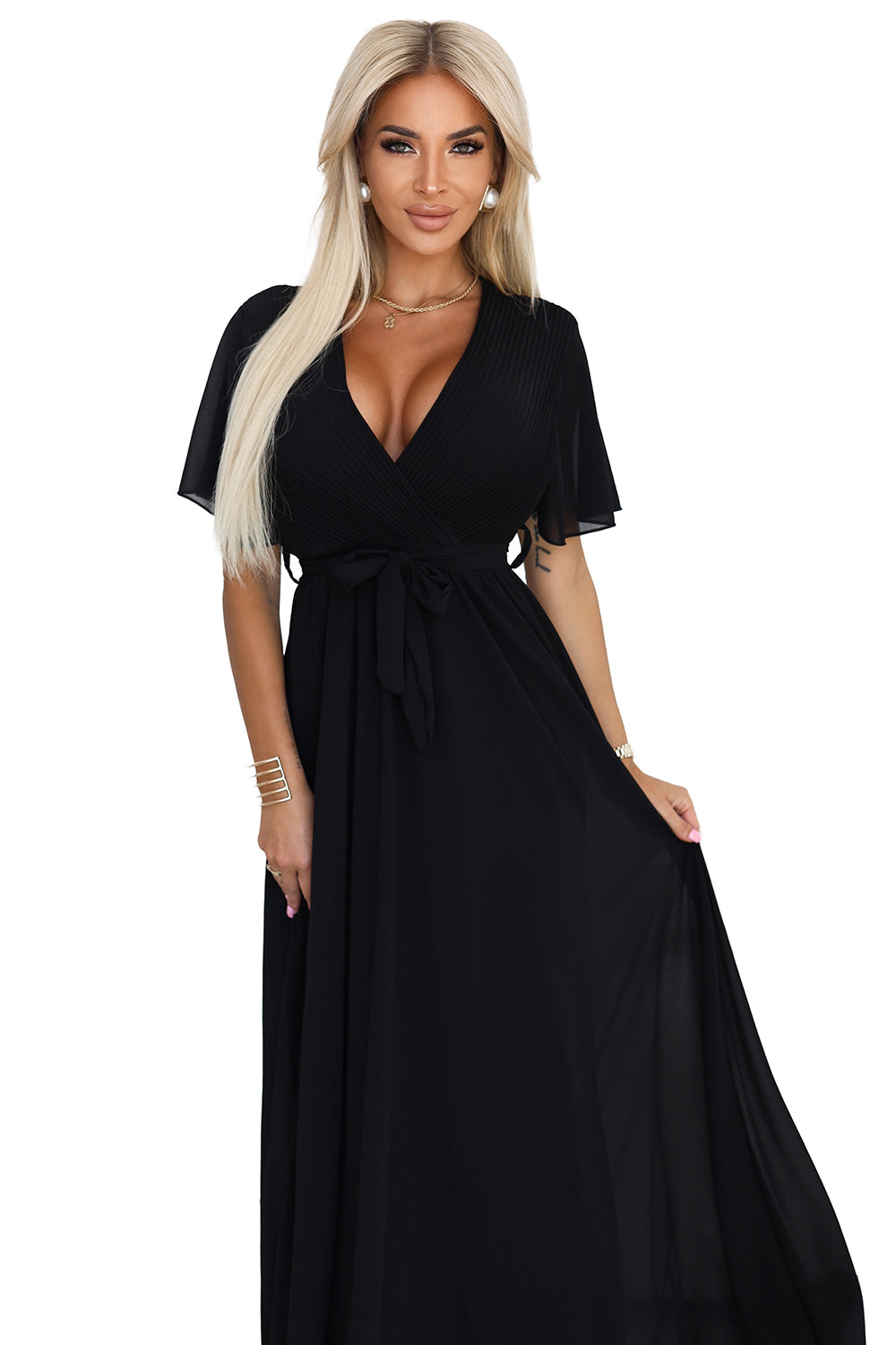 545-5 Langes Kleid mit plissiertem Ausschnitt und Schleife - schwarz