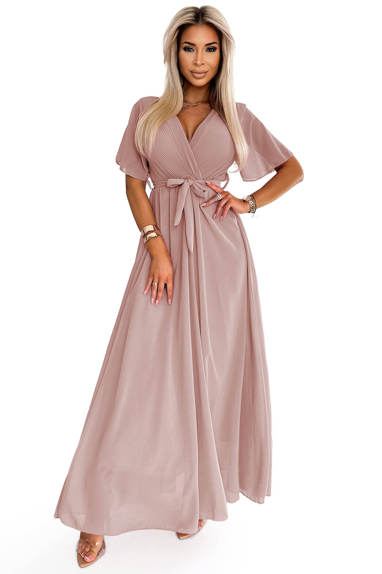 Langes Kleid mit plissiertem Ausschnitt und Schleife - Taupe 545-6