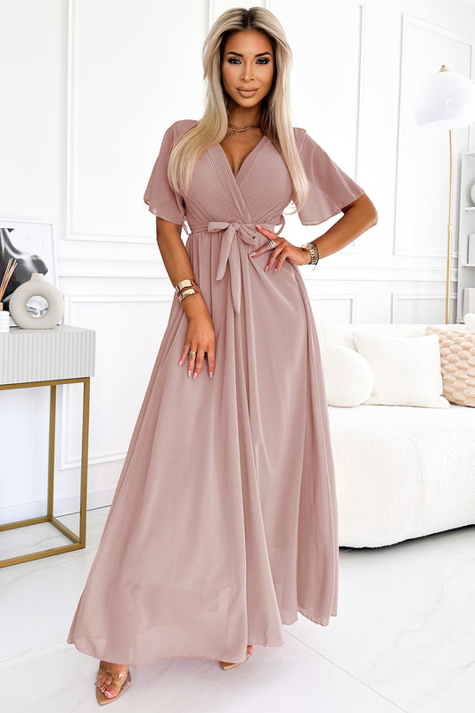 Langes Kleid mit plissiertem Ausschnitt und Schleife - Taupe 545-6