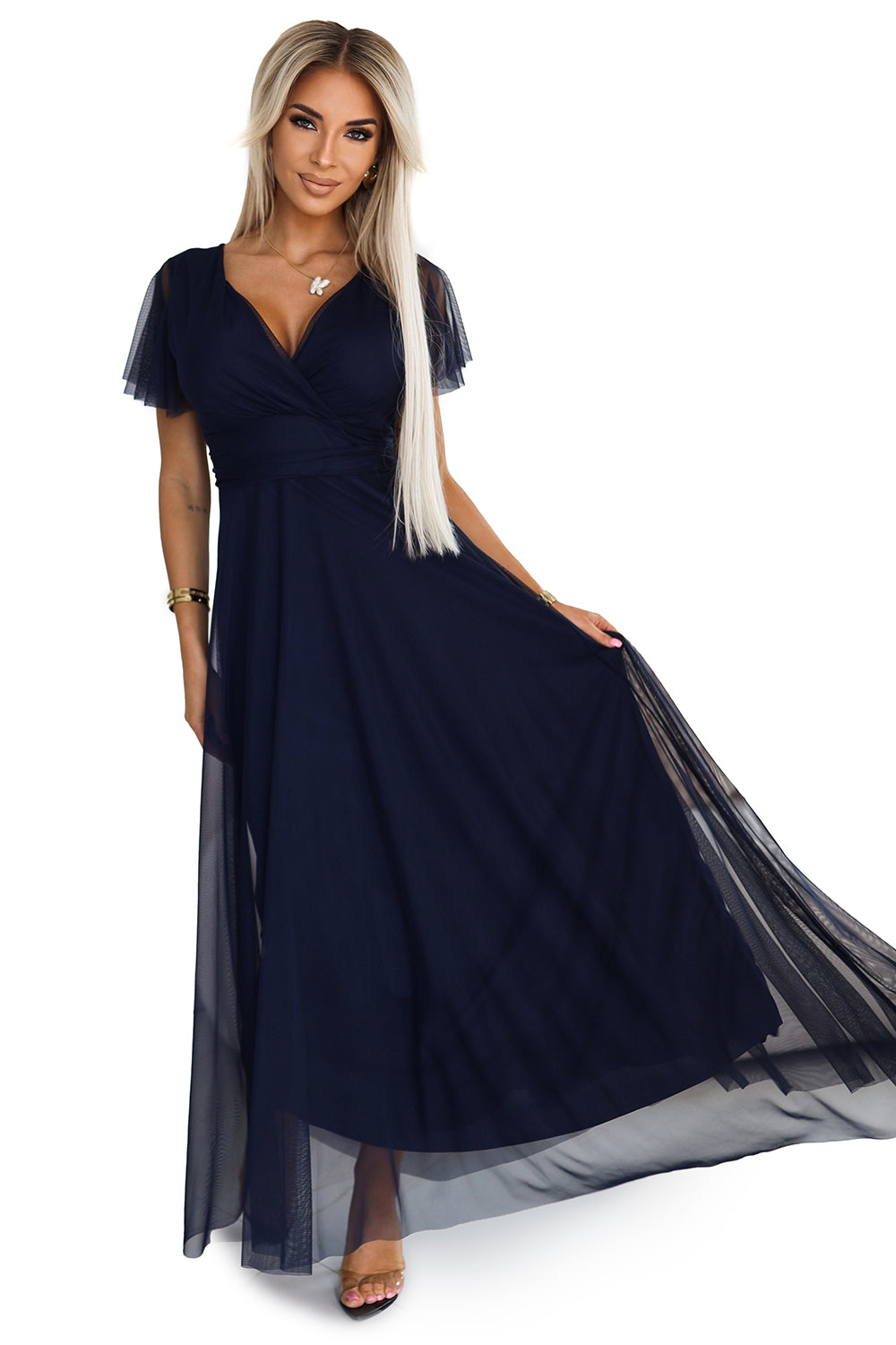 562-1 NASTIA Langes Kleid mit Ausschnitt und kurzen Ärmeln - marineblau