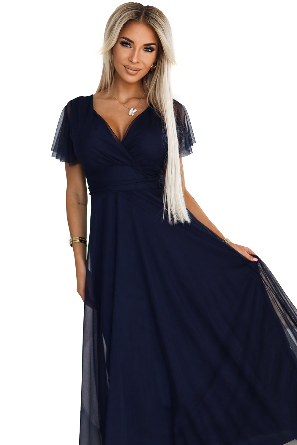 562-1 NASTIA Langes Kleid mit Ausschnitt und kurzen Ärmeln - marineblau