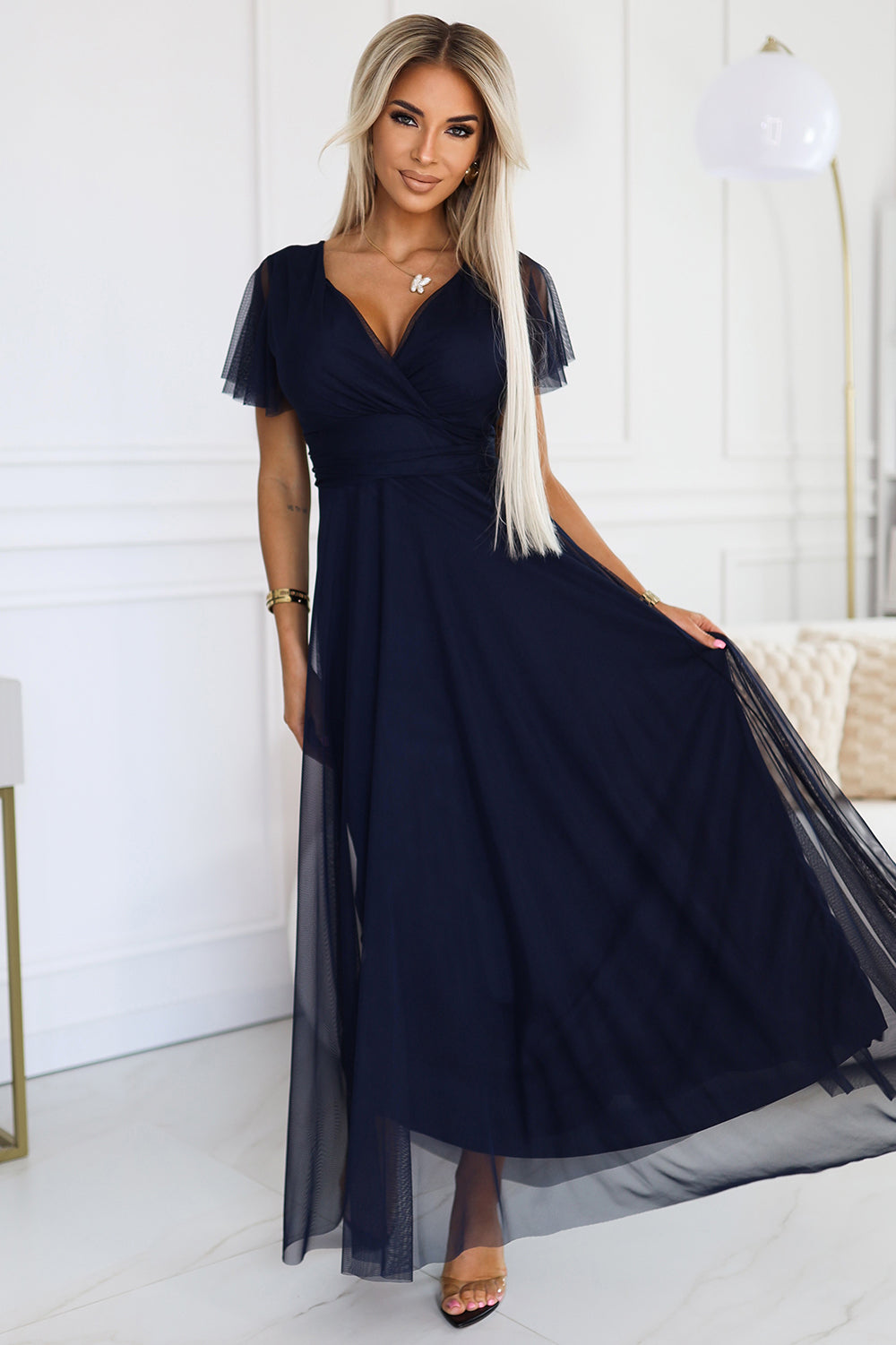 562-1 NASTIA Langes Kleid mit Ausschnitt und kurzen Ärmeln - marineblau
