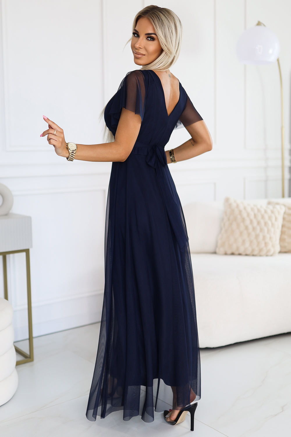 562-1 NASTIA Langes Kleid mit Ausschnitt und kurzen Ärmeln - marineblau