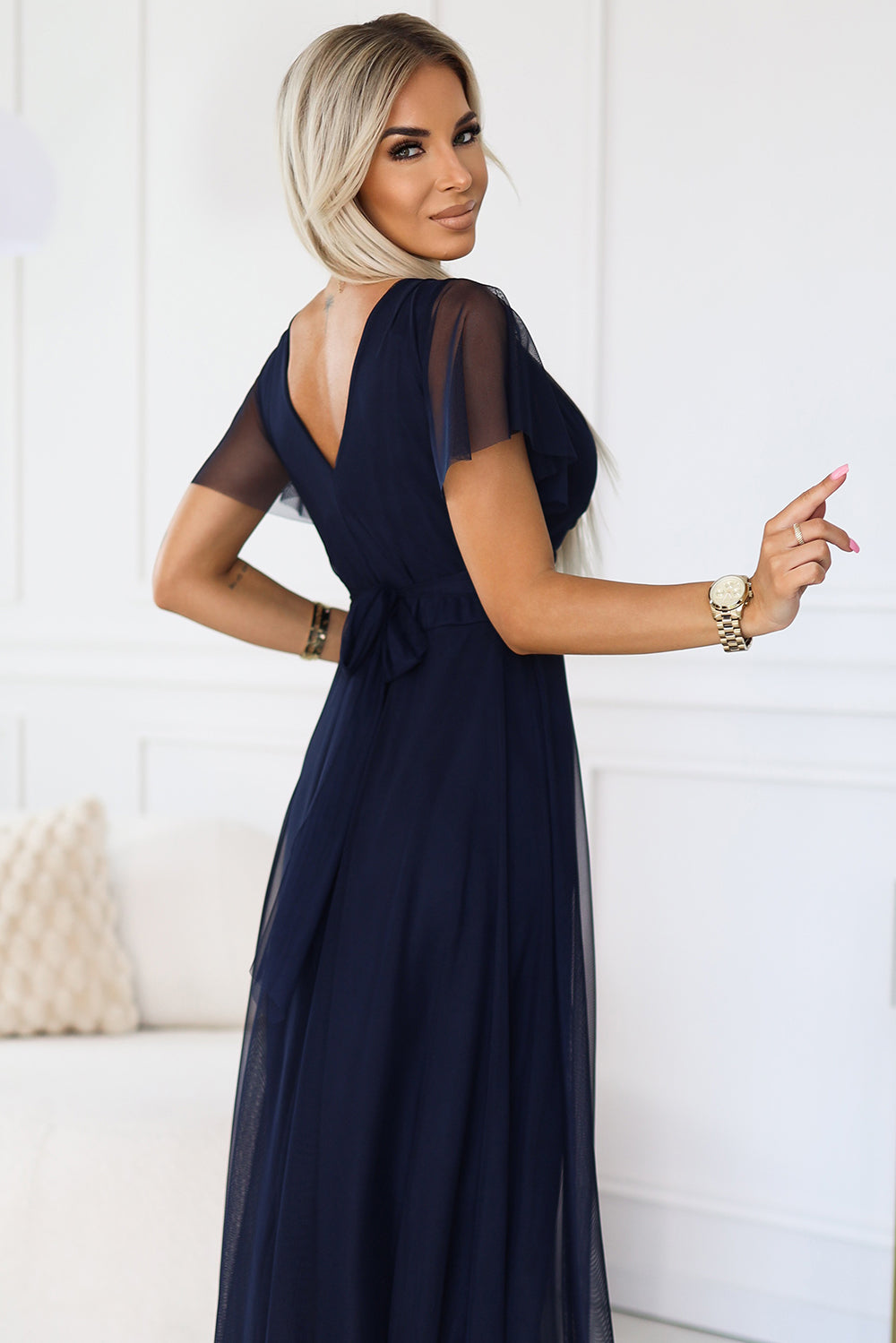 562-1 NASTIA Langes Kleid mit Ausschnitt und kurzen Ärmeln - marineblau