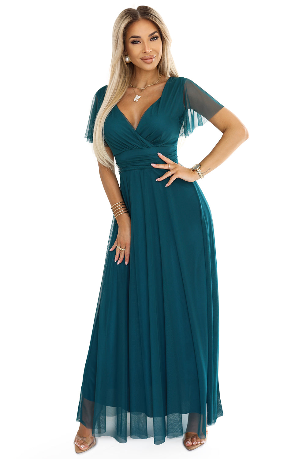 562-4 NASTIA Langes Kleid mit Ausschnitt und kurzen Ärmeln - grün