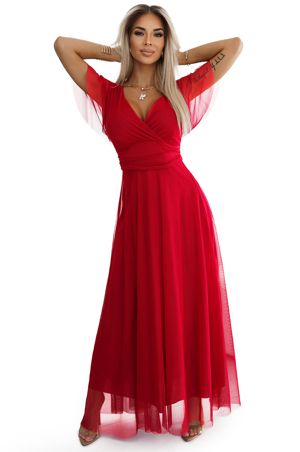 562-7 NASTIA Langes Kleid mit Ausschnitt und kurzen Ärmeln - rot