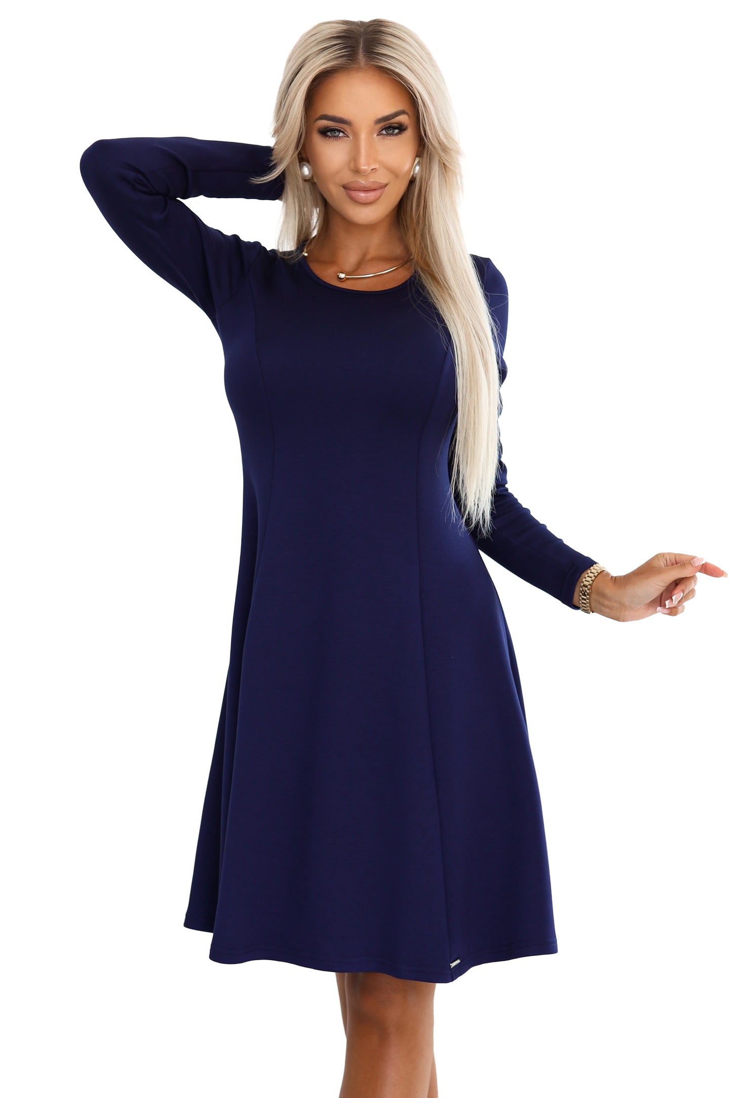 567-2 Bequemes Trapezkleid mit langen Ärmeln - Marineblau