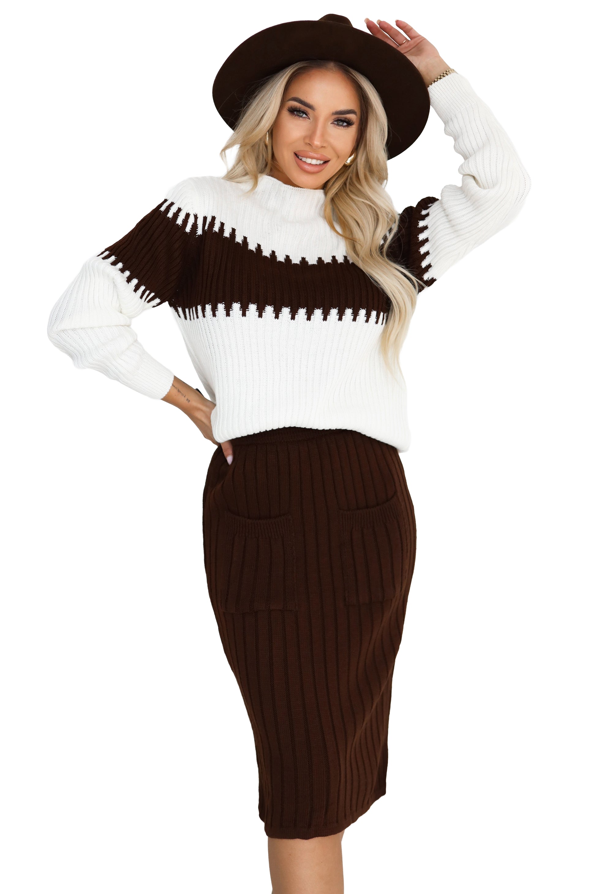 571-2 Zweiteiliges Pullover-Set mit passendem Rock - Schokolade