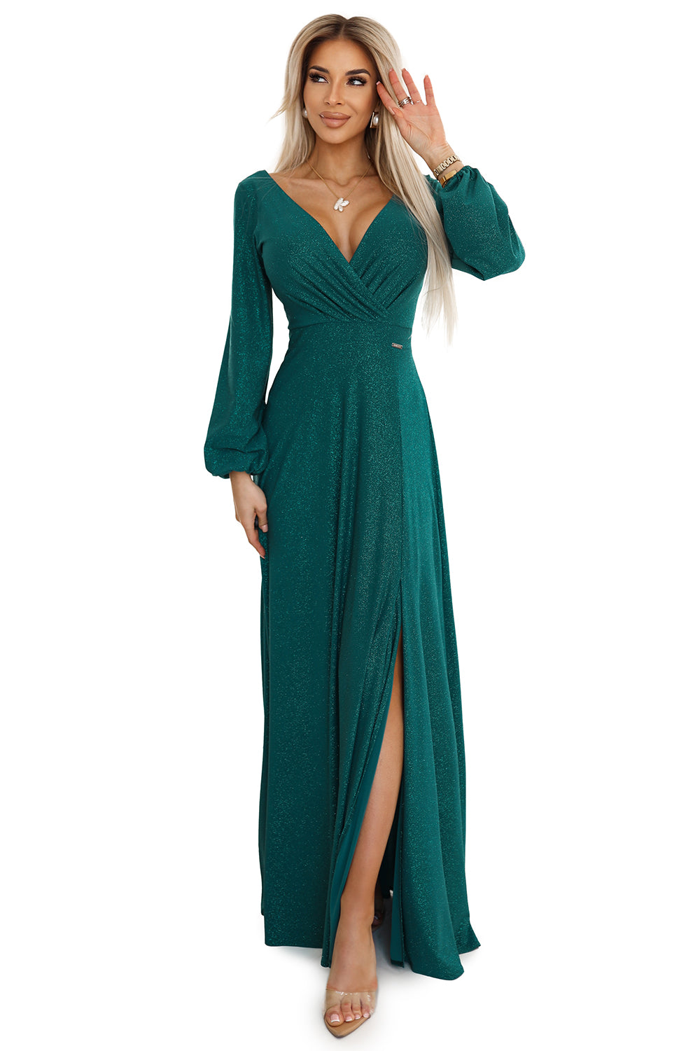 572-4 NELA glänzendes langes Kleid mit Ausschnitt, langen Ärmeln und Beinschlitz - grün