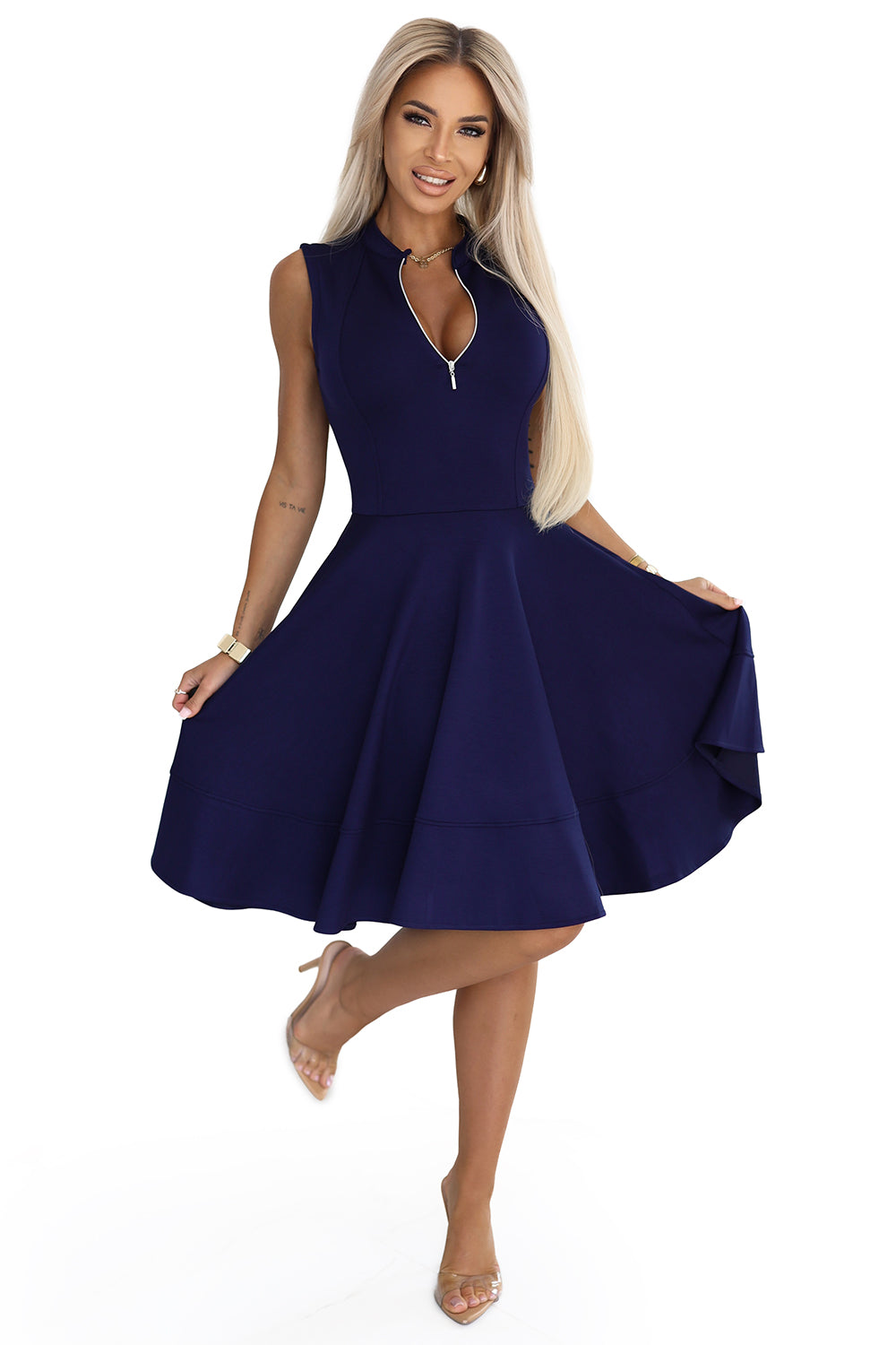 573-2 Exklusives Kleid mit ausgestelltem Saum und goldenem Reißverschluss - Marineblau