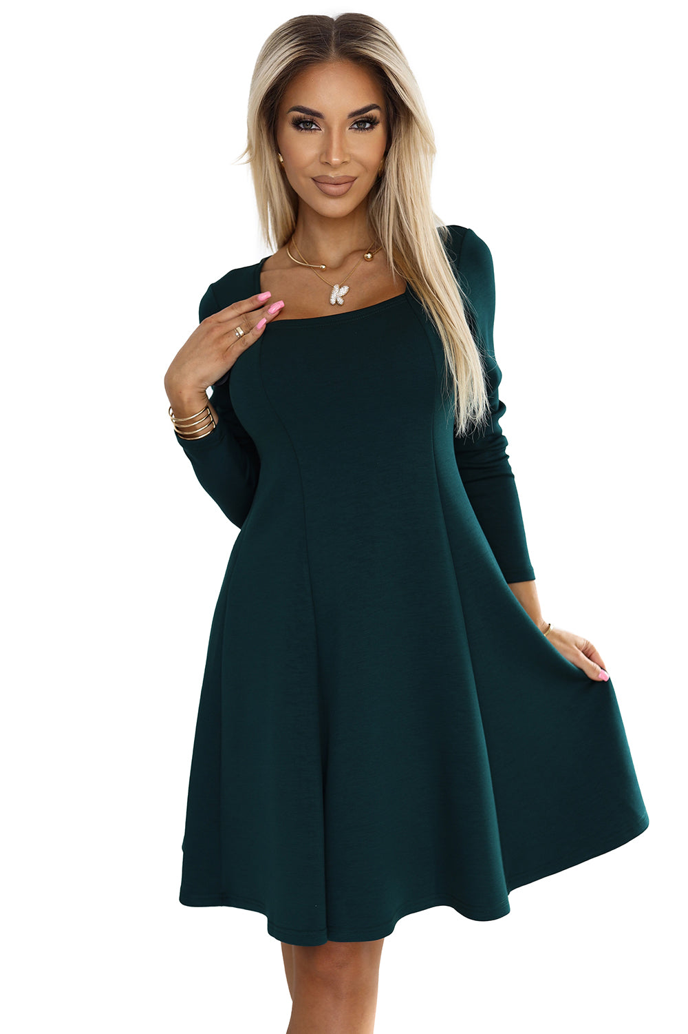 574-1 IVANA bequemes Trapezkleid mit Ausschnitt und langen Ärmeln - grün