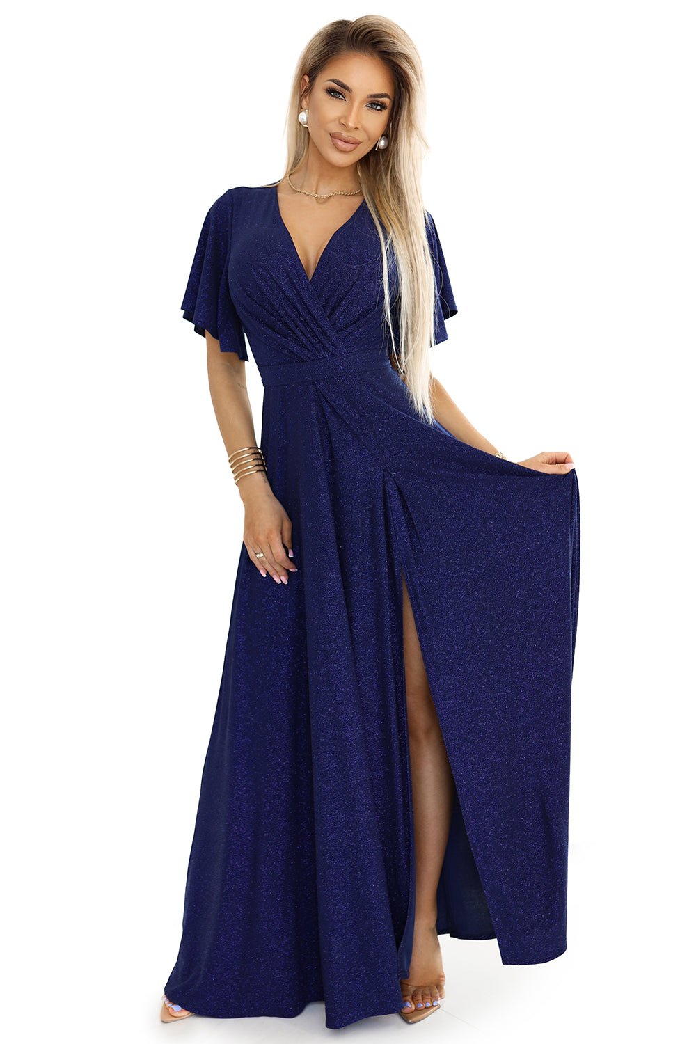 581-5 JENNIFER glänzendes langes Kleid mit Ärmeln und Ausschnitt - Marineblau mit Glitzer