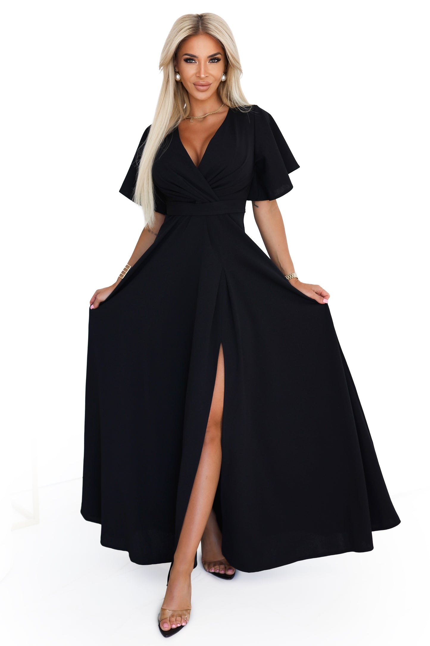 JENNIFER langes Kleid mit Beinschlitz; Ärmeln und Ausschnitt - schwarz 581-7