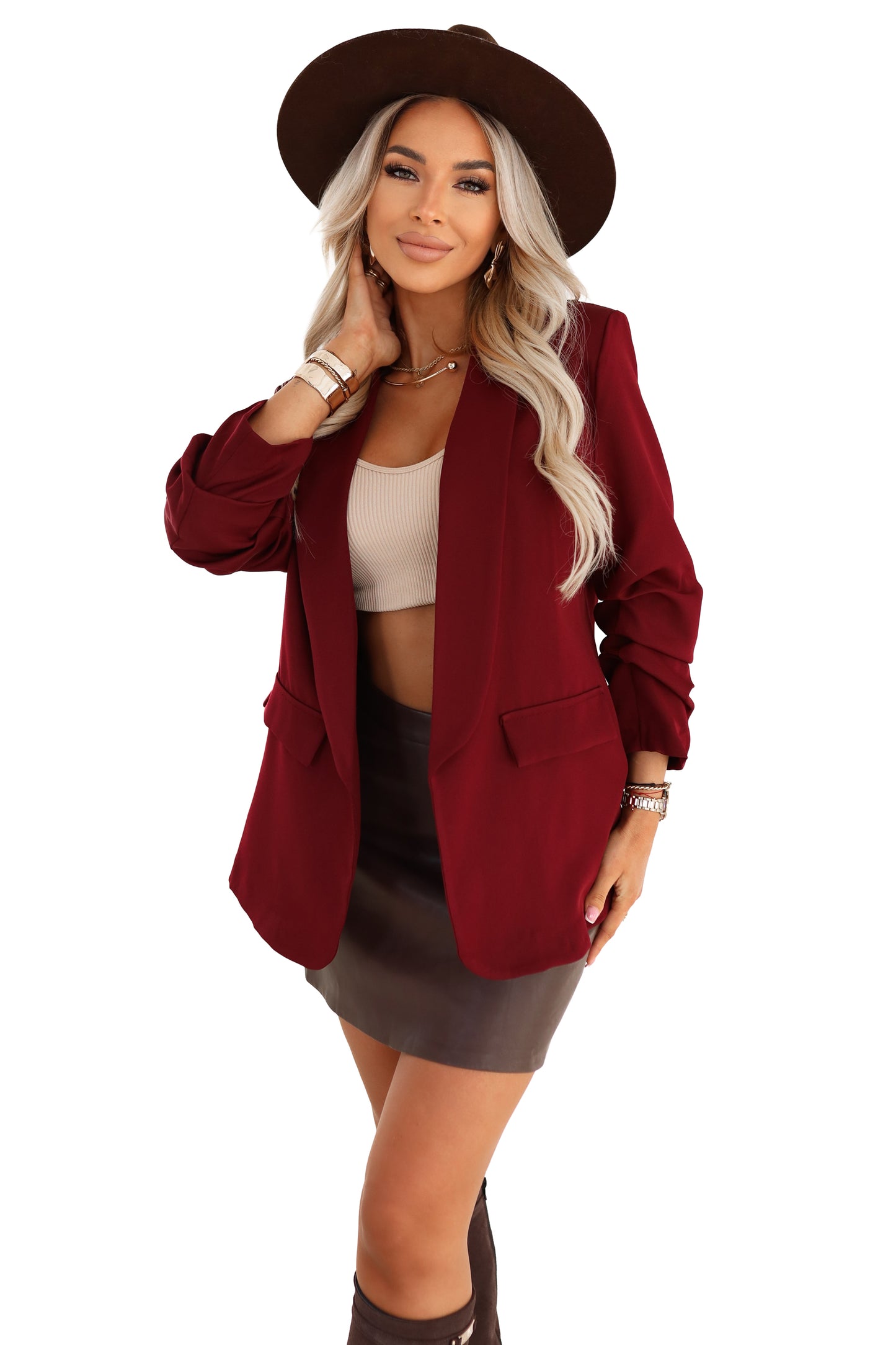 588-4 Klassische Damenjacke mit drapierten Ärmeln - bordeauxrot