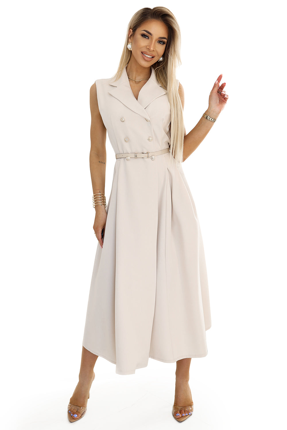596-1 Elegantes Midi-Hemdblusenkleid mit goldenen Knöpfen und Gürtel - Beige