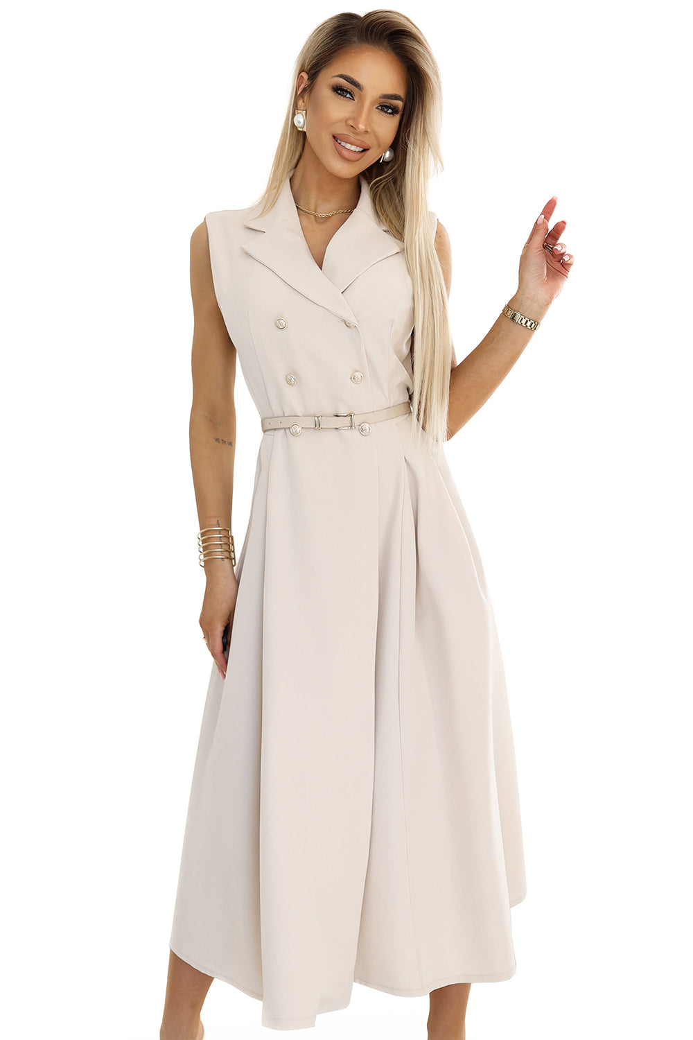 596-1 Elegantes Midi-Hemdblusenkleid mit goldenen Knöpfen und Gürtel - Beige