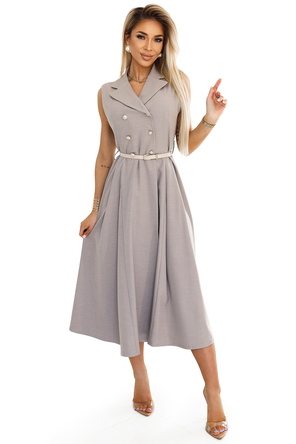 596-2 Elegantes Midi-Hemdblusenkleid mit goldenen Knöpfen und Gürtel - graubeige