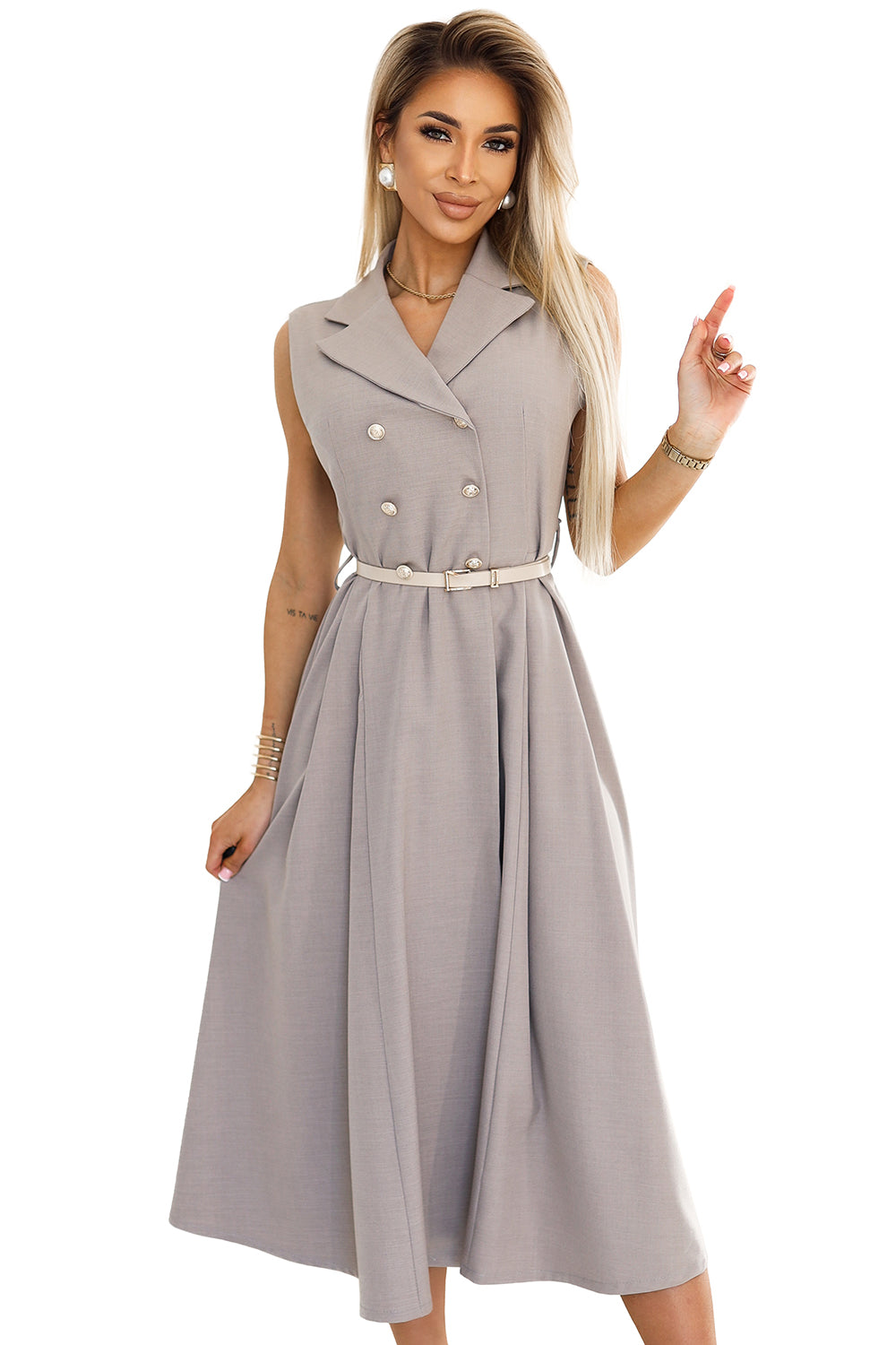 596-2 Elegantes Midi-Hemdblusenkleid mit goldenen Knöpfen und Gürtel - graubeige
