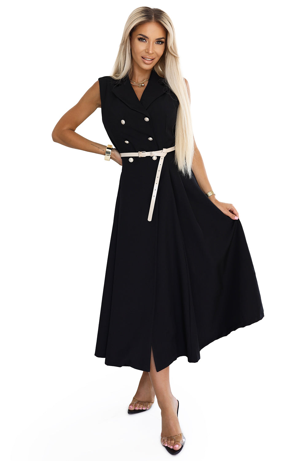 596-3 Elegantes Midi-Hemdblusenkleid mit goldenen Knöpfen und Gürtel - Schwarz