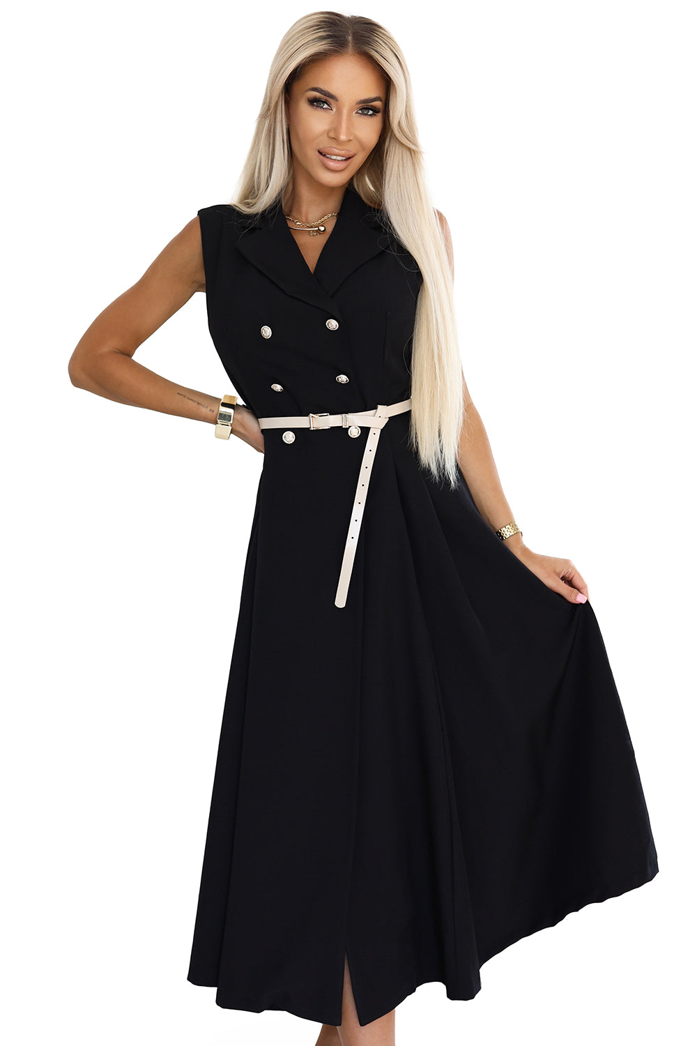 596-3 Elegantes Midi-Hemdblusenkleid mit goldenen Knöpfen und Gürtel - Schwarz
