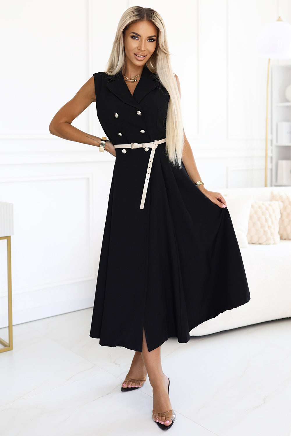 596-3 Elegantes Midi-Hemdblusenkleid mit goldenen Knöpfen und Gürtel - Schwarz