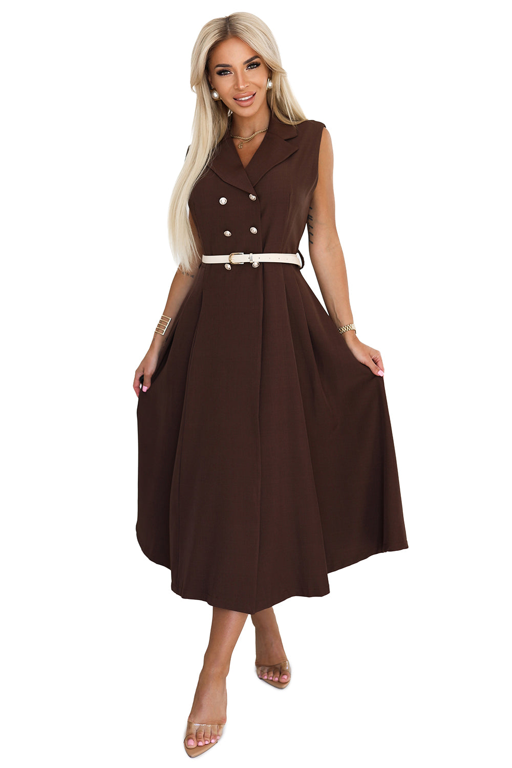 596-4 Elegantes Midi-Hemdblusenkleid mit goldenen Knöpfen und Gürtel - Schokolade