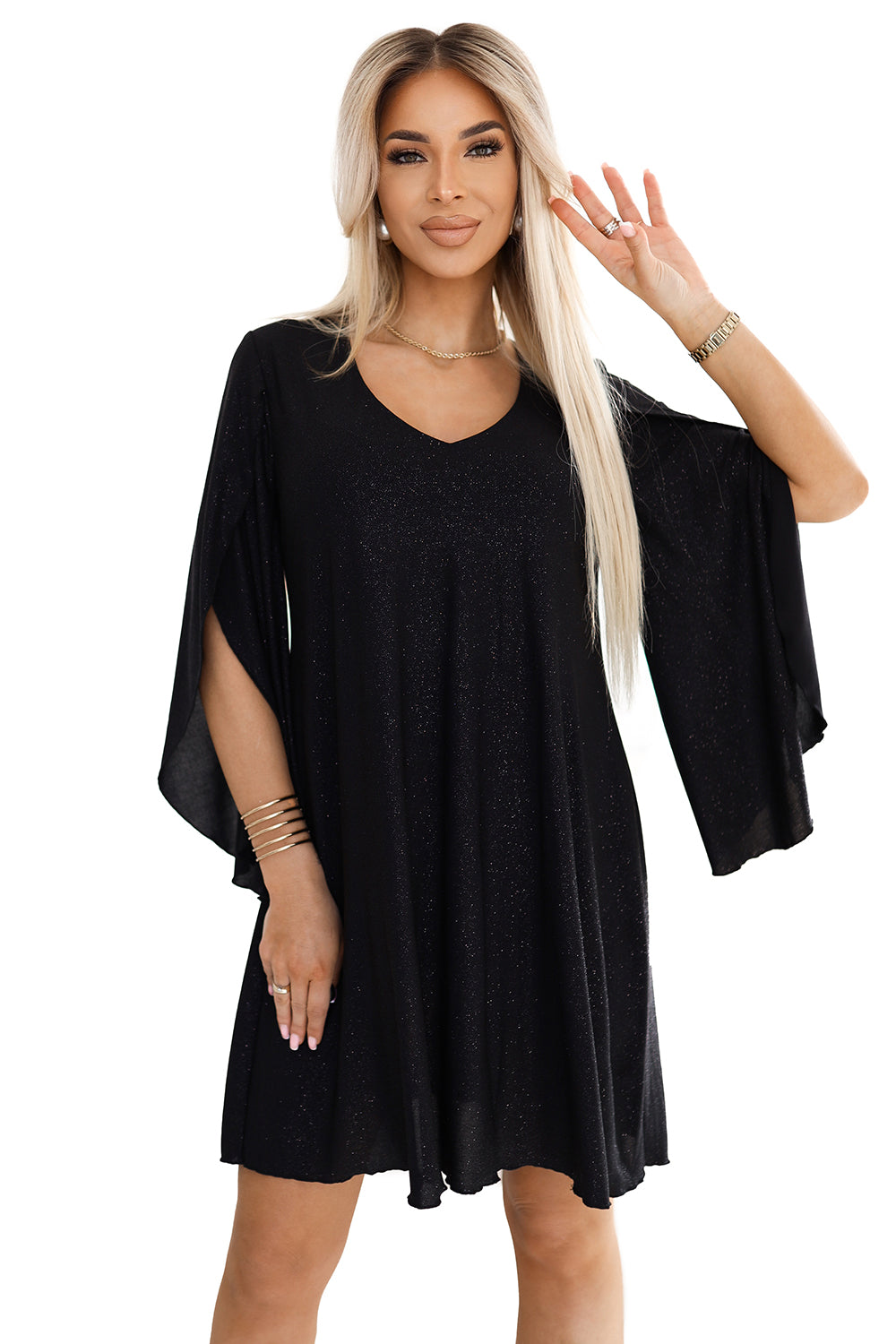 597-1 LIVIA Elegantes Trapezkleid mit Schmetterlingsärmeln - Schwarz mit Glitzer