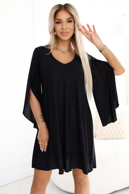 597-1 LIVIA Elegantes Trapezkleid mit Schmetterlingsärmeln - Schwarz mit Glitzer