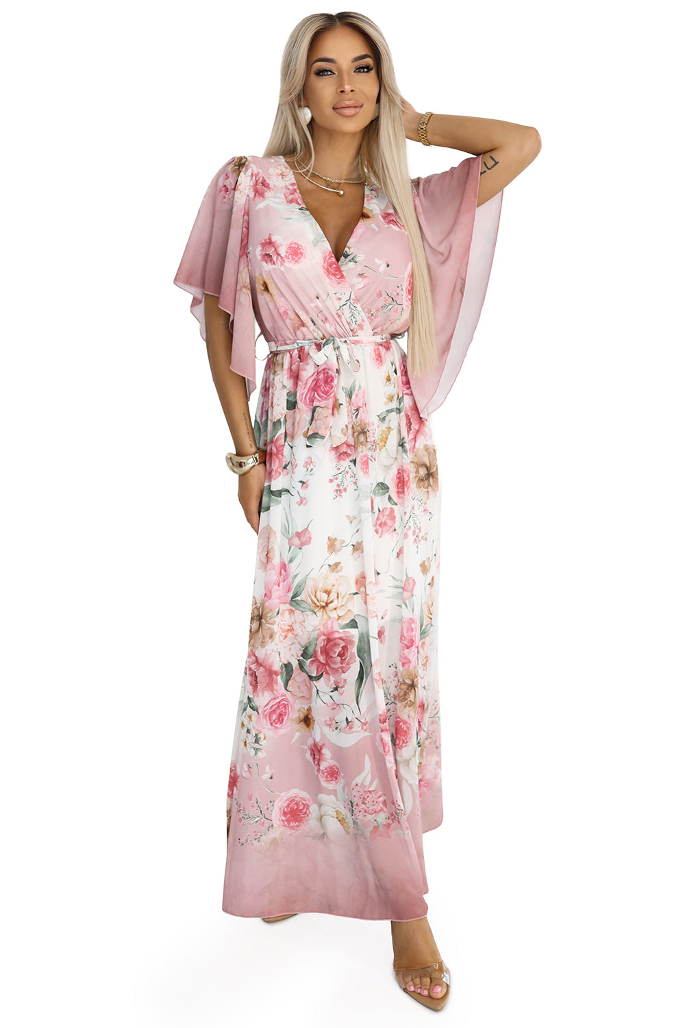 603-4 Luftiges Wickel-Maxikleid mit Blumenmuster - rosa Rosen