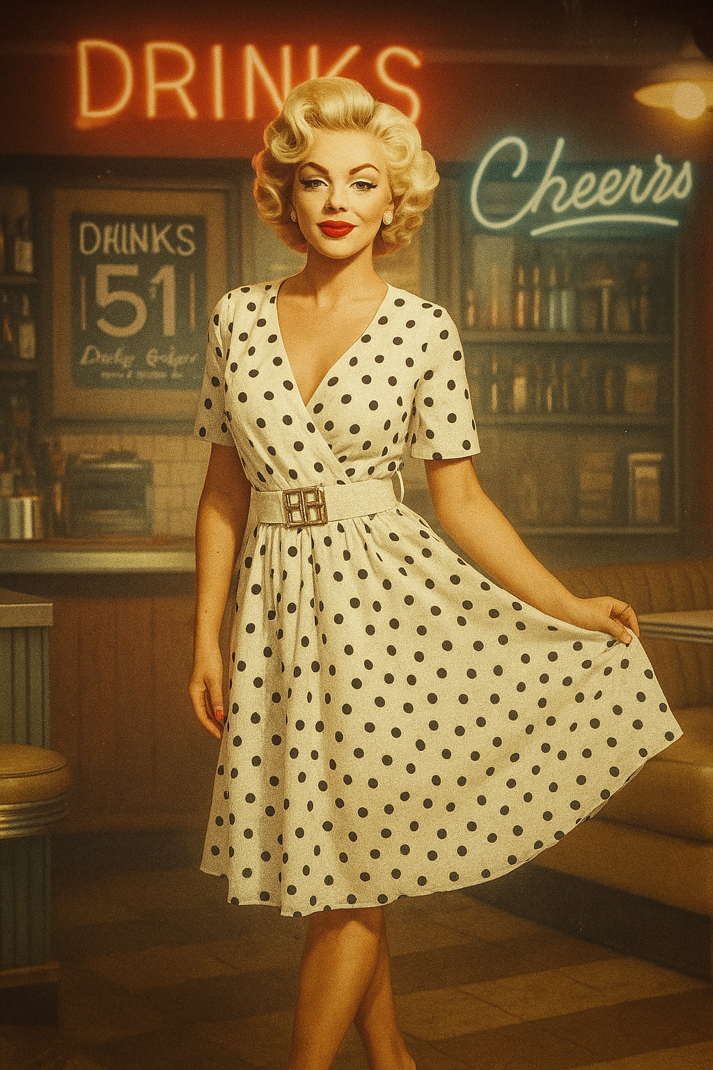 604-2 Sinnliches schwarzes Polka Dot Kleid mit Wickelausschnitt und dekorativem Gürtel - weiß