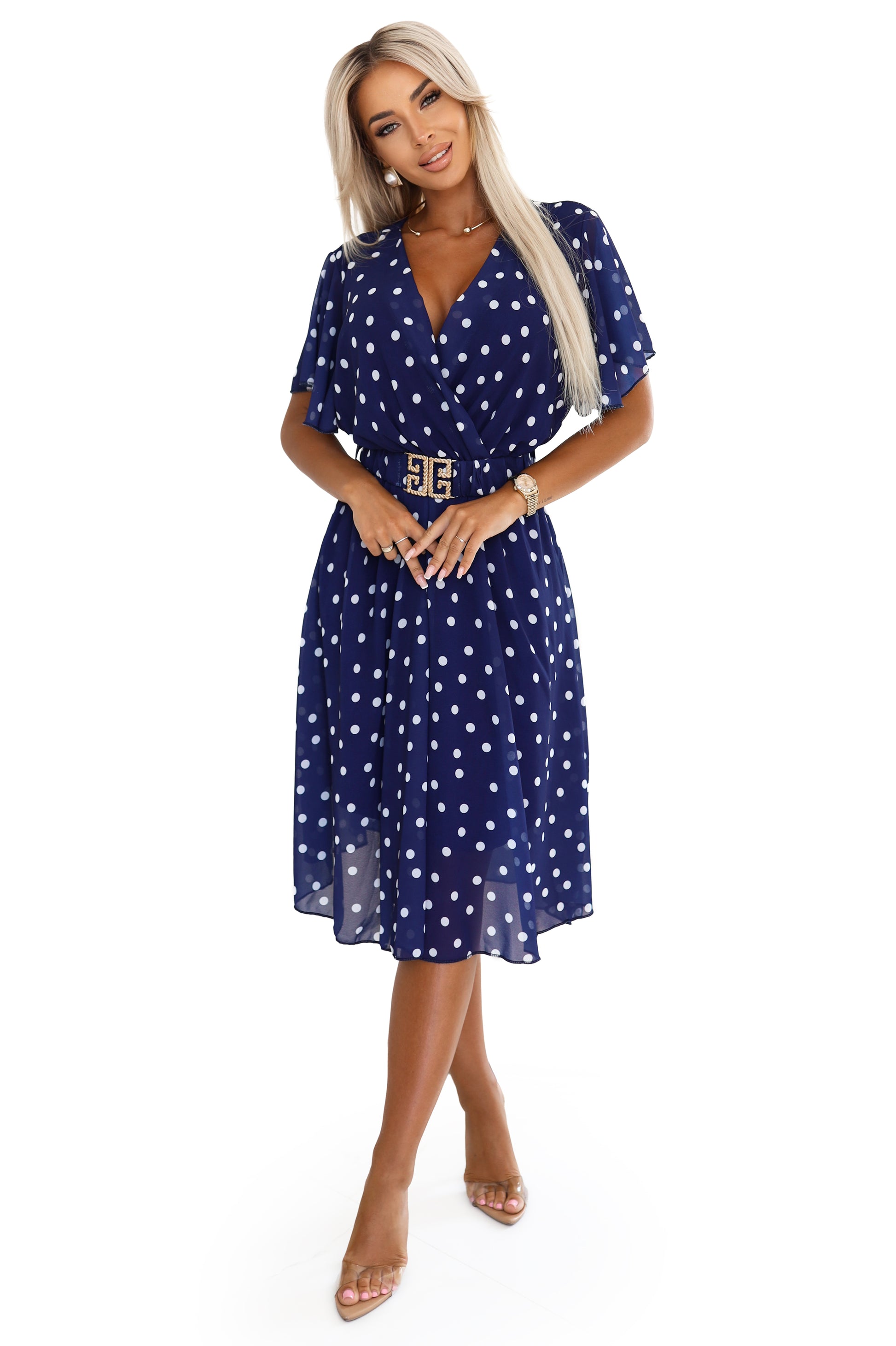 604-4 Sinnliches Kleid mit weißen Punkten, Wickelausschnitt und dekorativem Gürtel - Marineblau