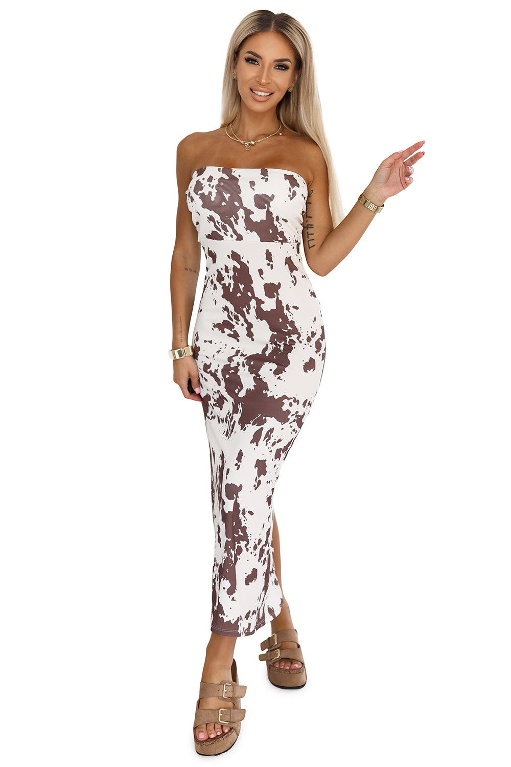 611-1 SAVANNAH trägerloses, tailliertes Kleid - braun-weißes Boho-Muster