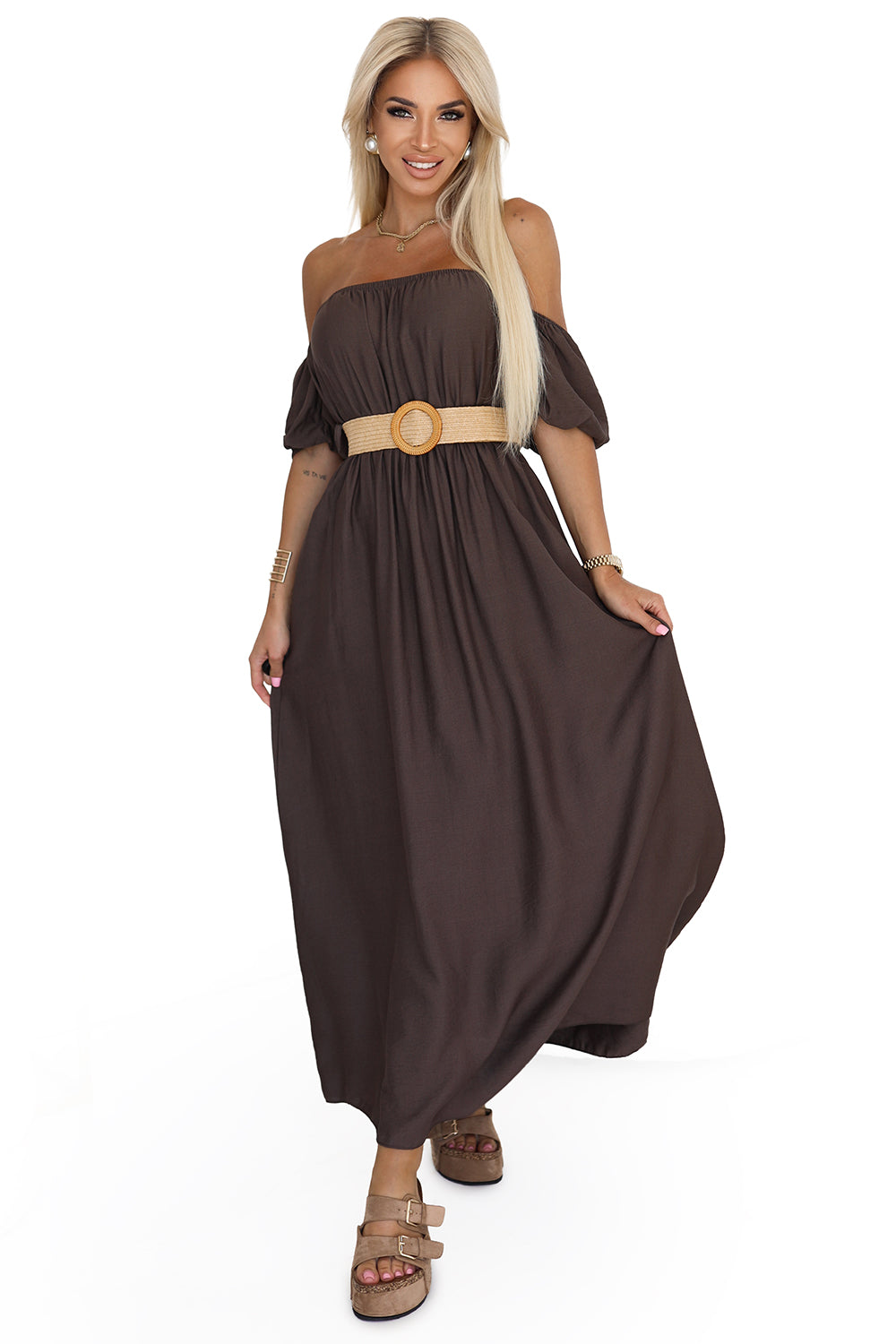 614-1 Boho Maxikleid mit schulterfreien Trägern - Schokolade